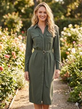 Shirt Dress Lyocell Dress H&amp;m H&M HM TREND LONG LYOCELL BLEND DRESS  Light Beige Yellow Patterned FASHION STYLE